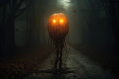 Eerie Glowing Pumpkin Creature Standing On Dark Forest Path