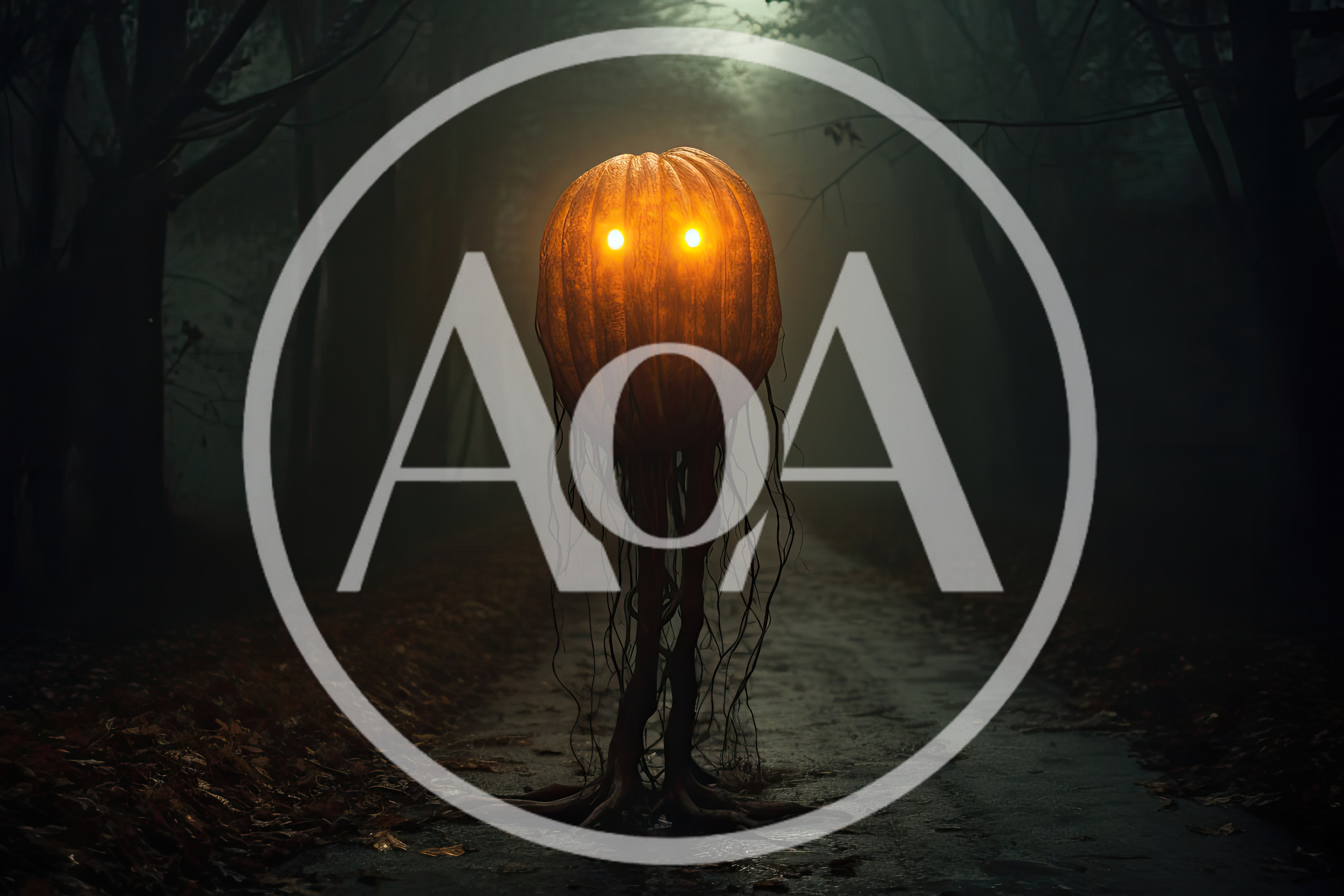 Eerie Glowing Pumpkin Creature Standing On Dark Forest Path
