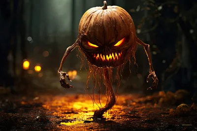 Eerie Pumpkin Monster Walking Through Dark Forest