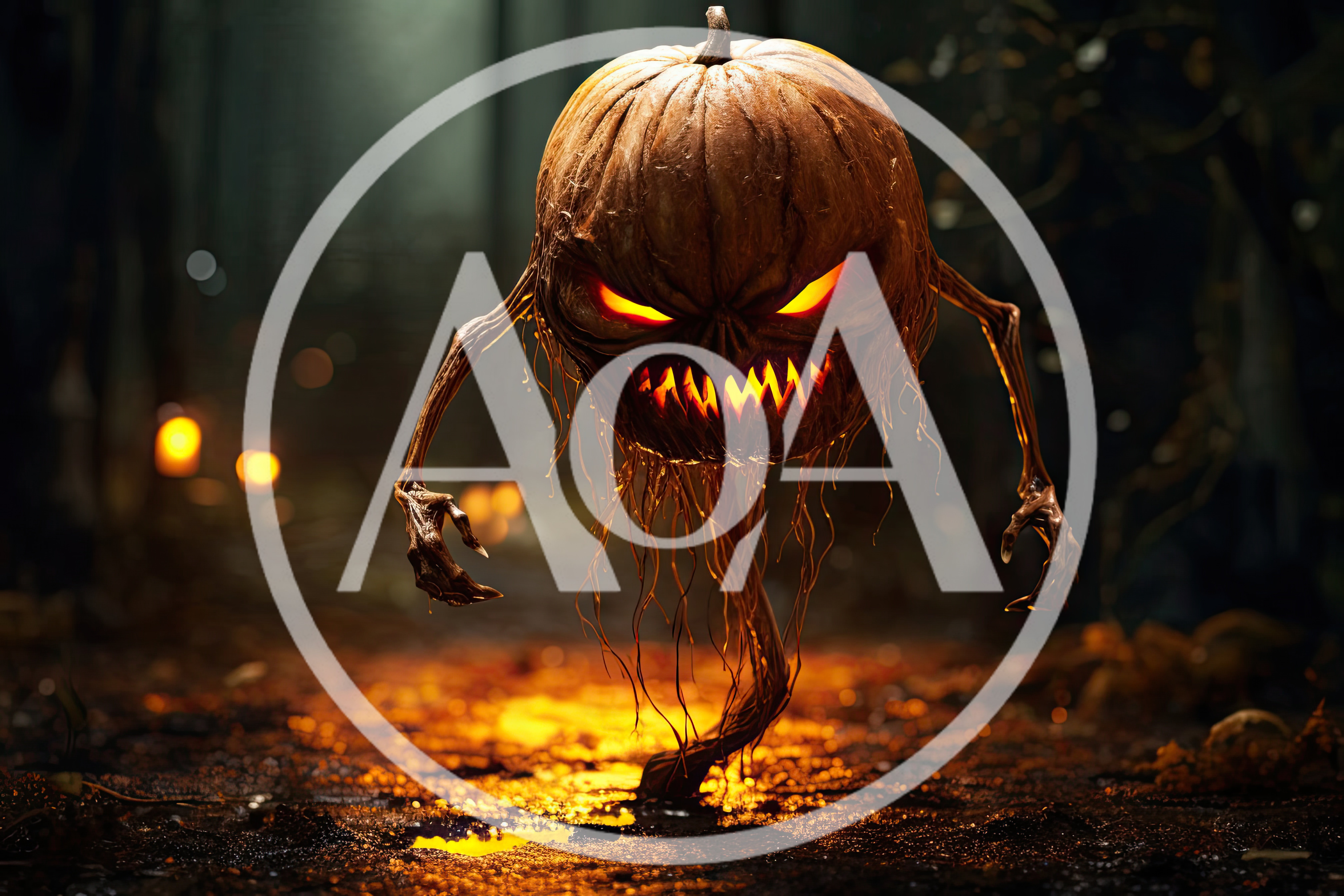 Eerie Pumpkin Monster Walking Through Dark Forest