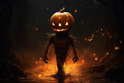 Eerie Pumpkin Headed Creature In Dark Forest