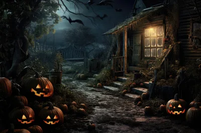 Spooky Halloween Cottage With Glowing Jack O Lanterns