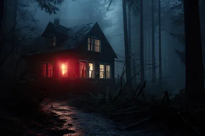 Dark Haunted Cabin in a Misty Forest