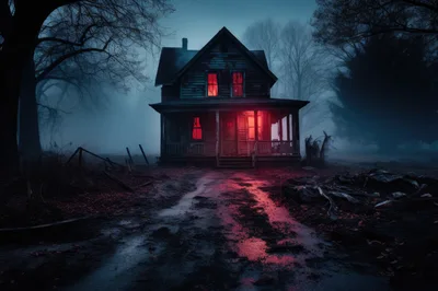 Abandoned Haunted House With Glowing Red Windows In Fog