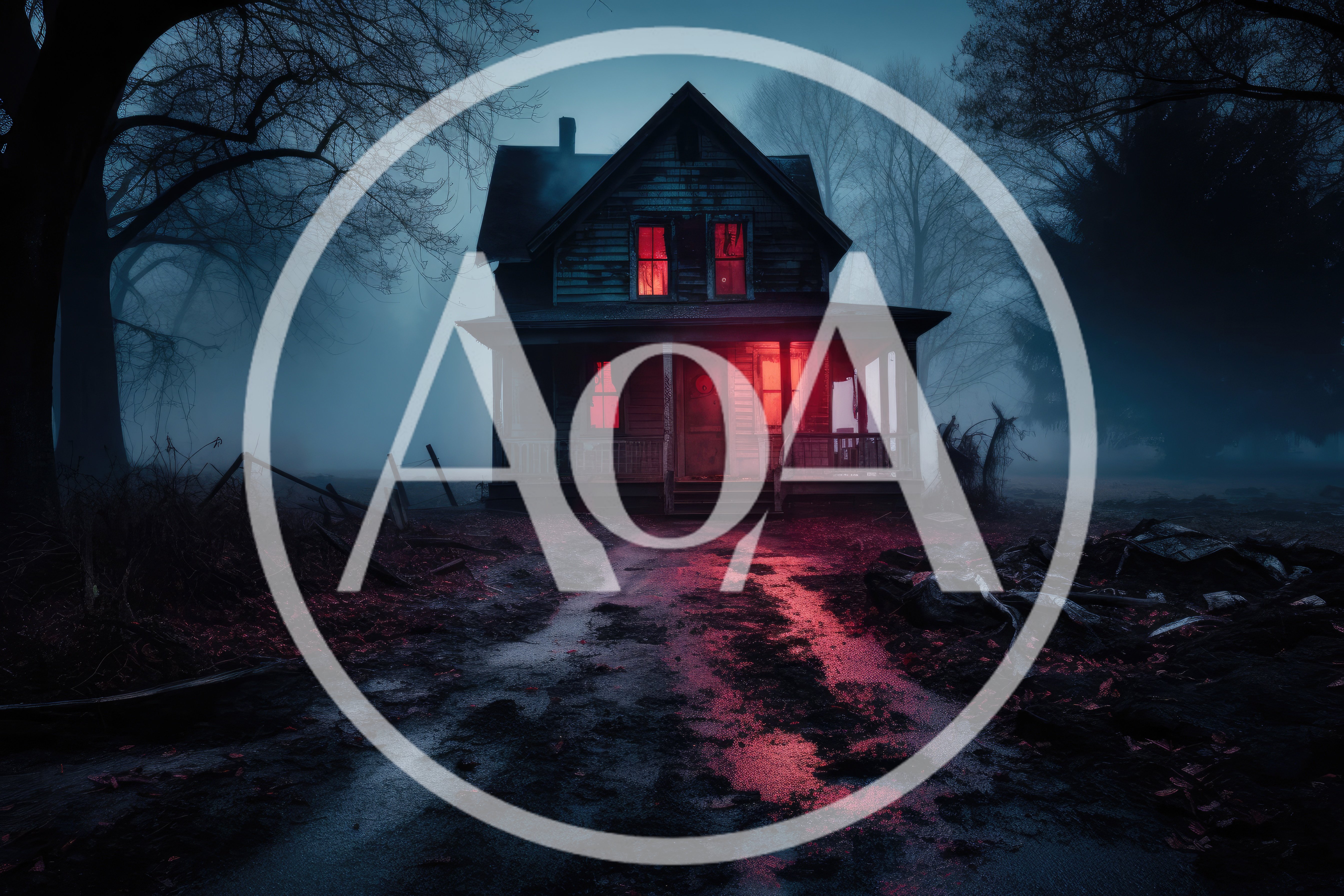 Abandoned Haunted House With Glowing Red Windows In Fog