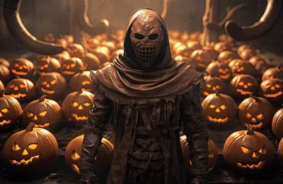 Scary Hooded Figure Standing Among Glowing Jack O Lanterns