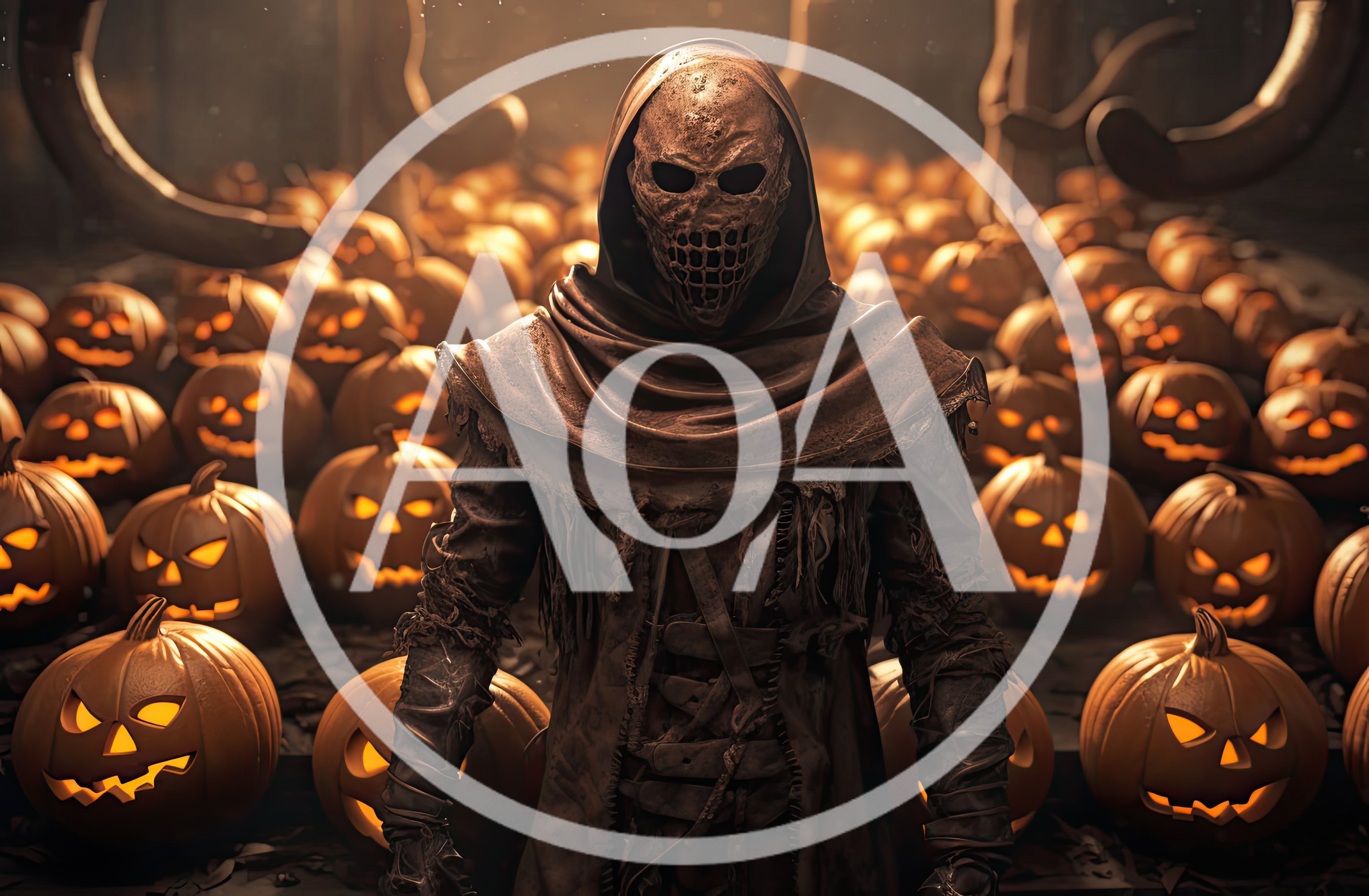 Scary Hooded Figure Standing Among Glowing Jack O Lanterns