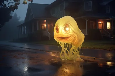 Glowing Ectoplasmic Creature On A Suburban Street At Night