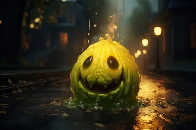 Glowing Slime Pumpkin Creature On Rainy Street