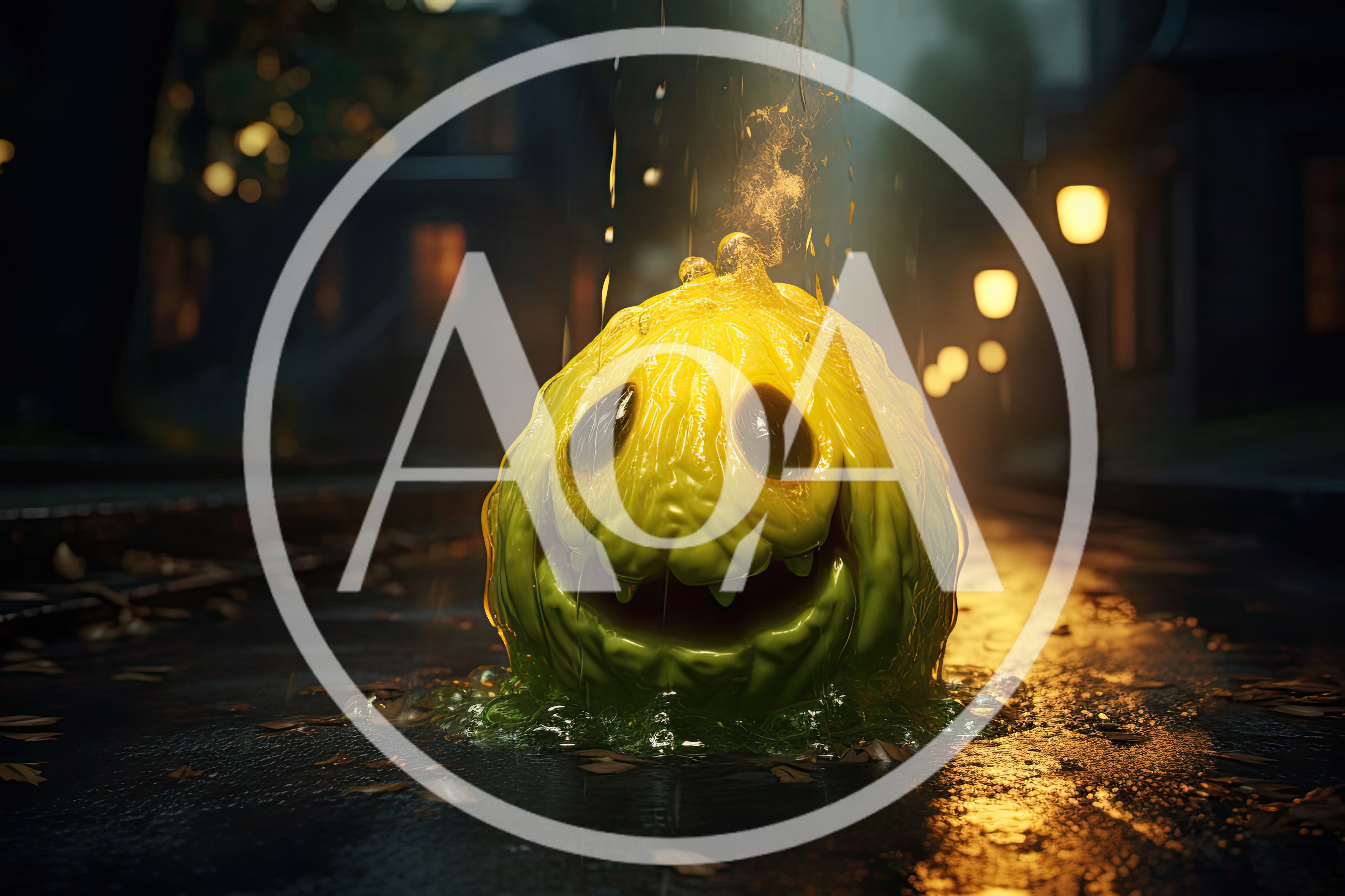 Glowing Slime Pumpkin Creature On Rainy Street