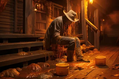 Cowboy Covered In Sticky Honey On Porch