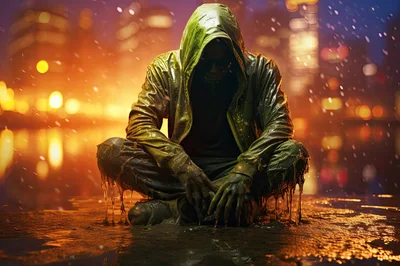 Mysterious Hooded Figure Sitting In Rain