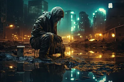 Hooded Figure Crouching in a Rain-Soaked Urban Landscape