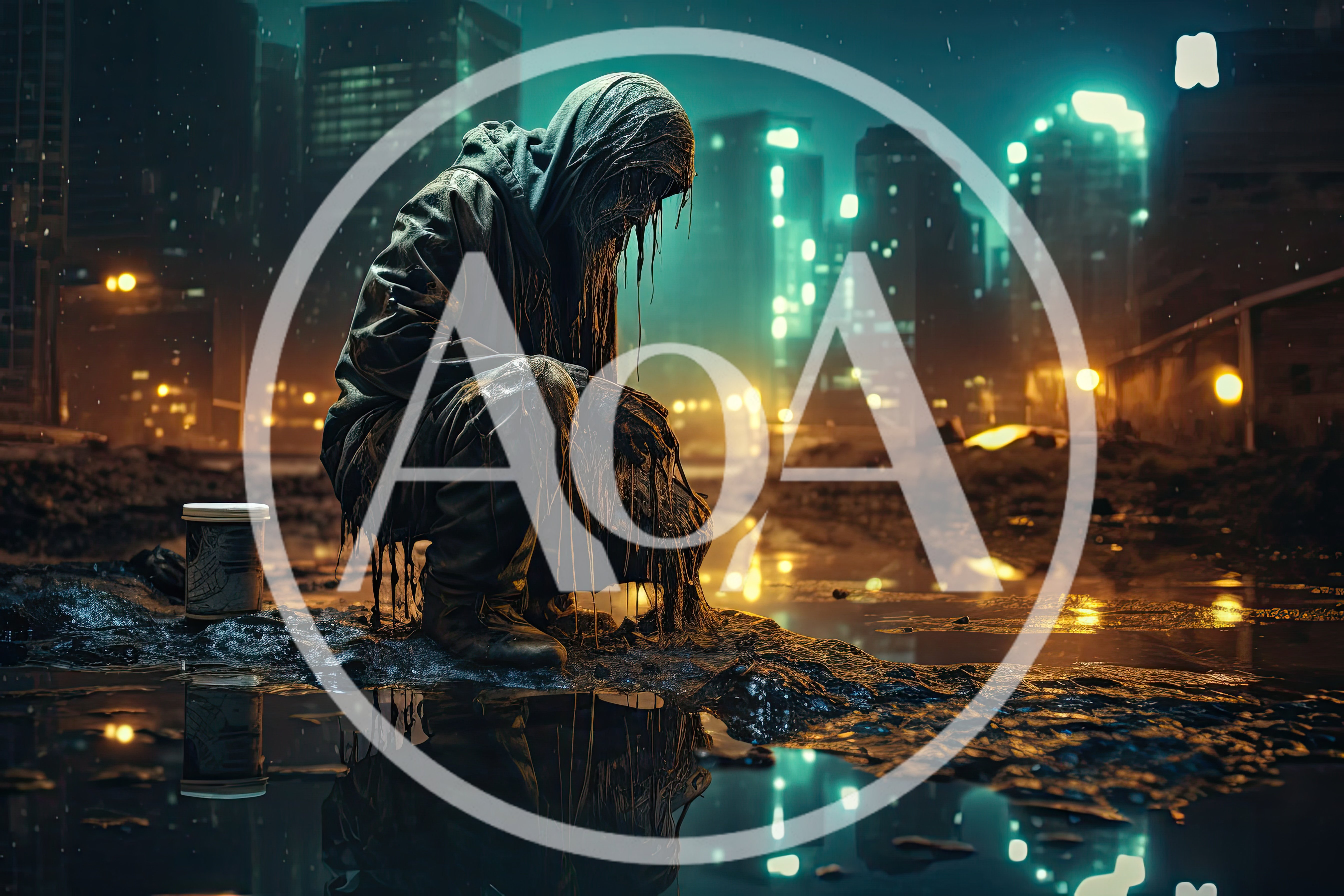 Hooded Figure Crouching in a Rain-Soaked Urban Landscape