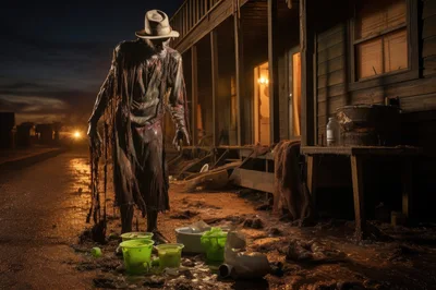 Swamp Creature Standing Outside Dilapidated Wooden Shack