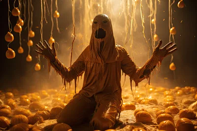 Eerie Figure Draped In Melting Fabric Amidst Hanging Pumpkins