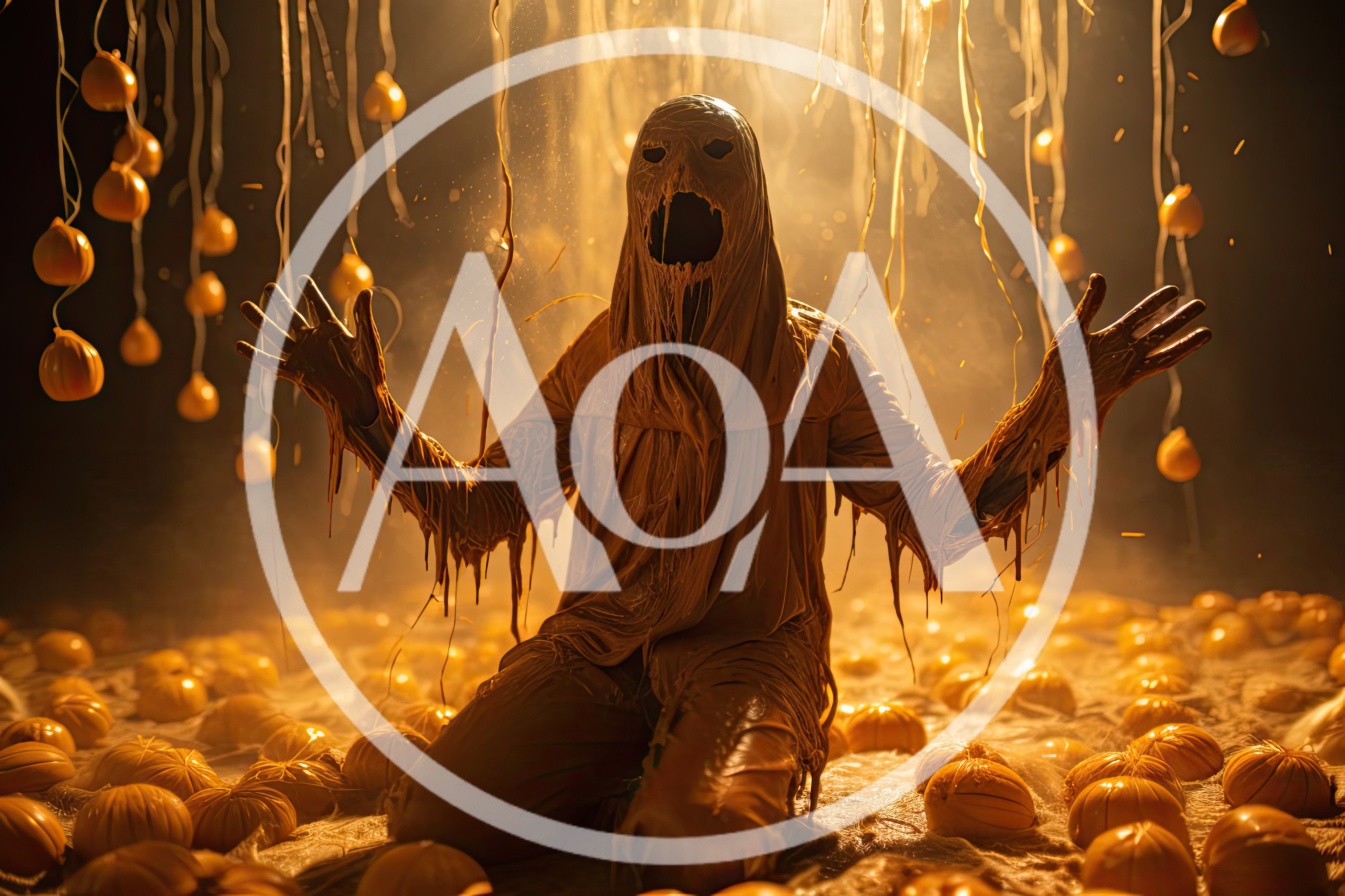 Eerie Figure Draped In Melting Fabric Amidst Hanging Pumpkins