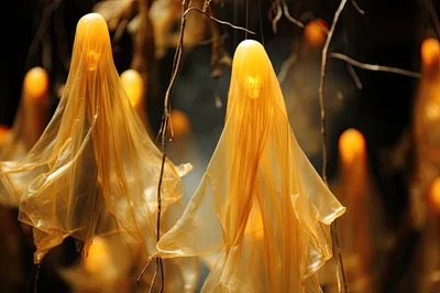 Glowing Ghost Decorations Hanging From Tree Branches