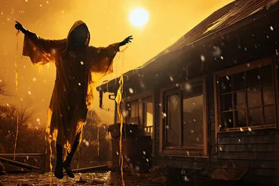 Ethereal Figure Floating In A Golden Rainstorm