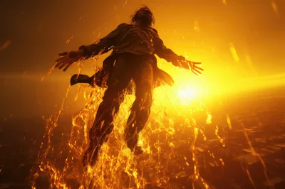 Man Floating In Golden Liquid Light