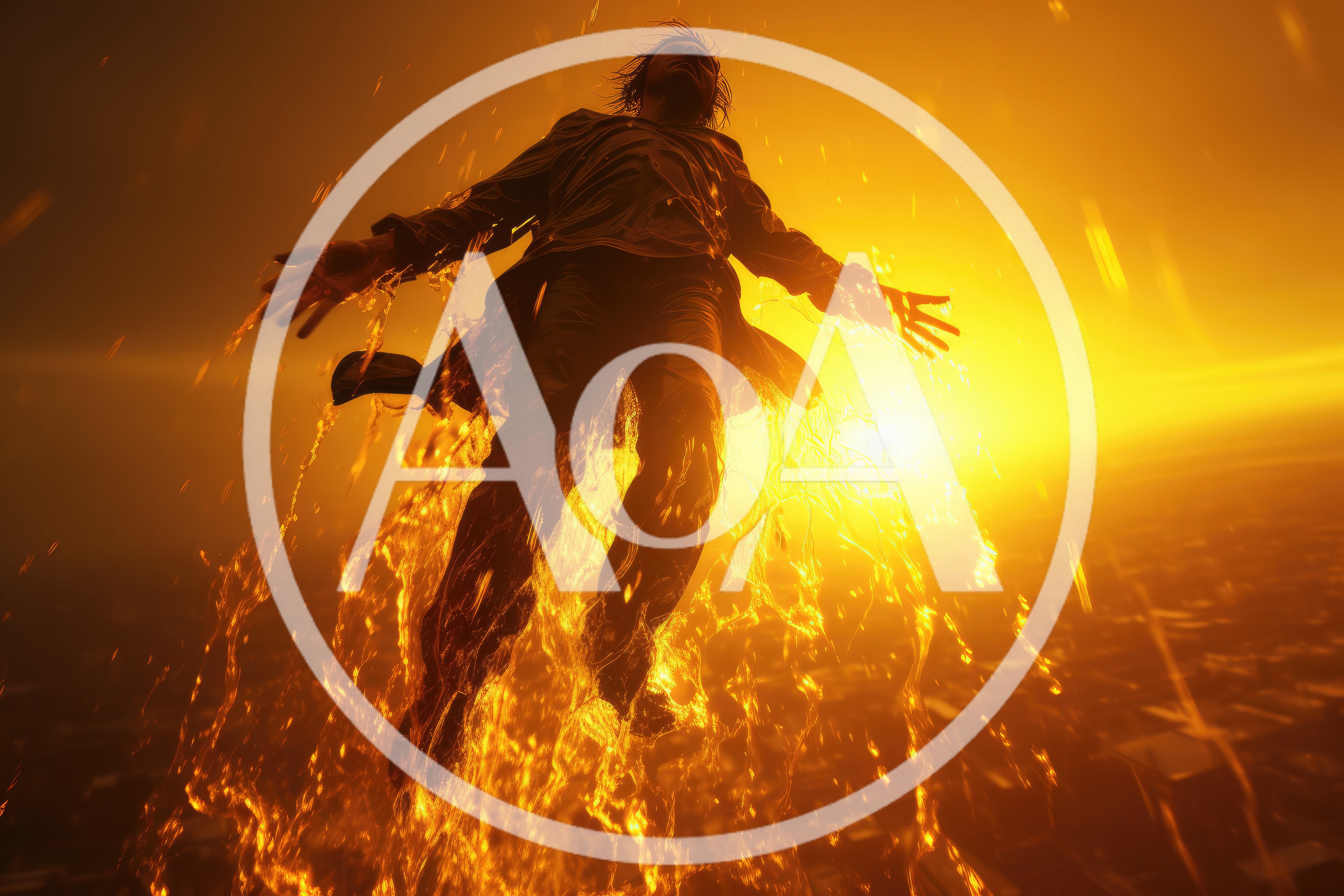 Man Floating In Golden Liquid Light