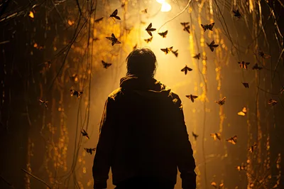 Person Standing Amidst Swarm Of Moths In Golden Light