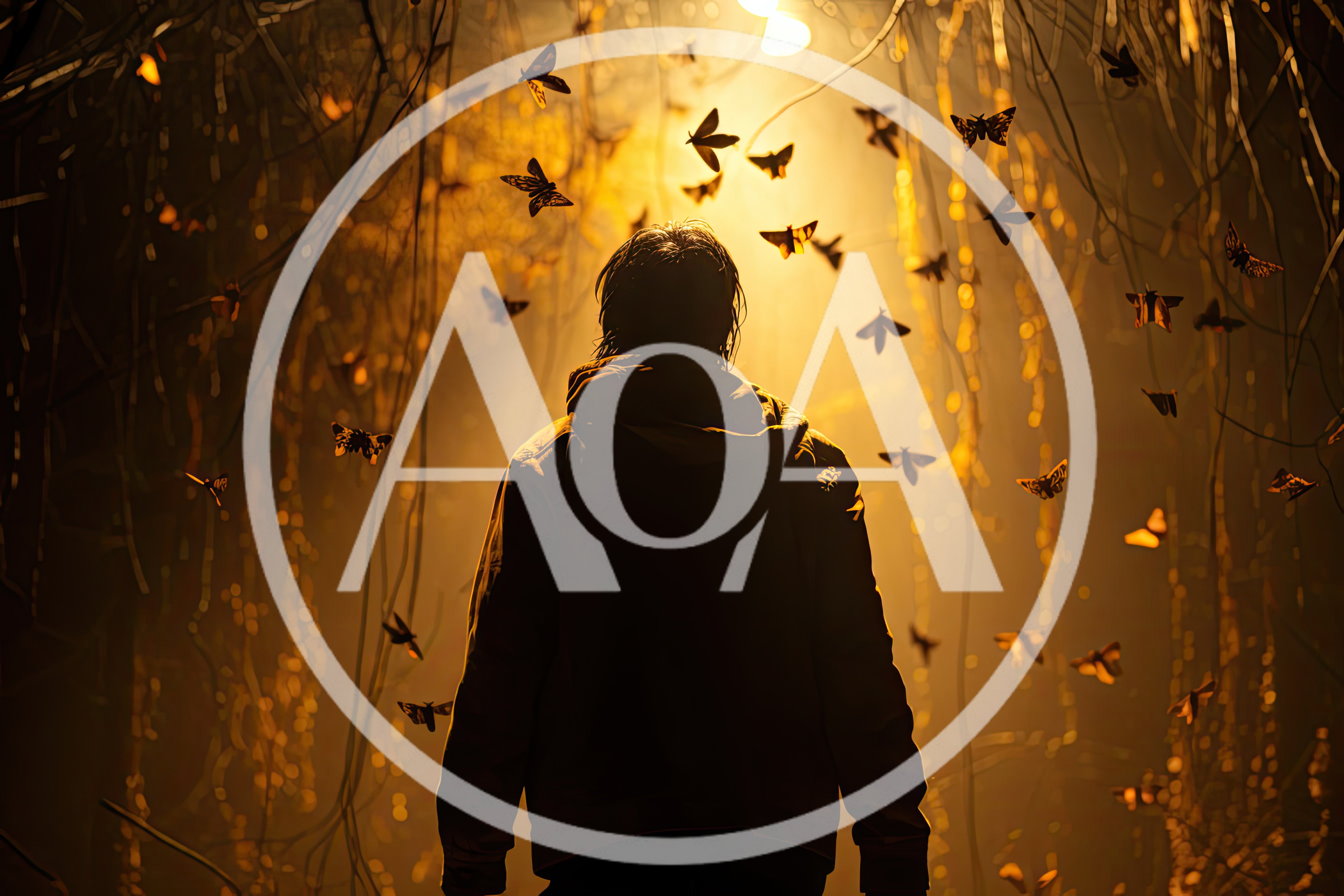 Person Standing Amidst Swarm Of Moths In Golden Light