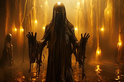 Ethereal Dark Spirits Standing In Golden Mystical Waters