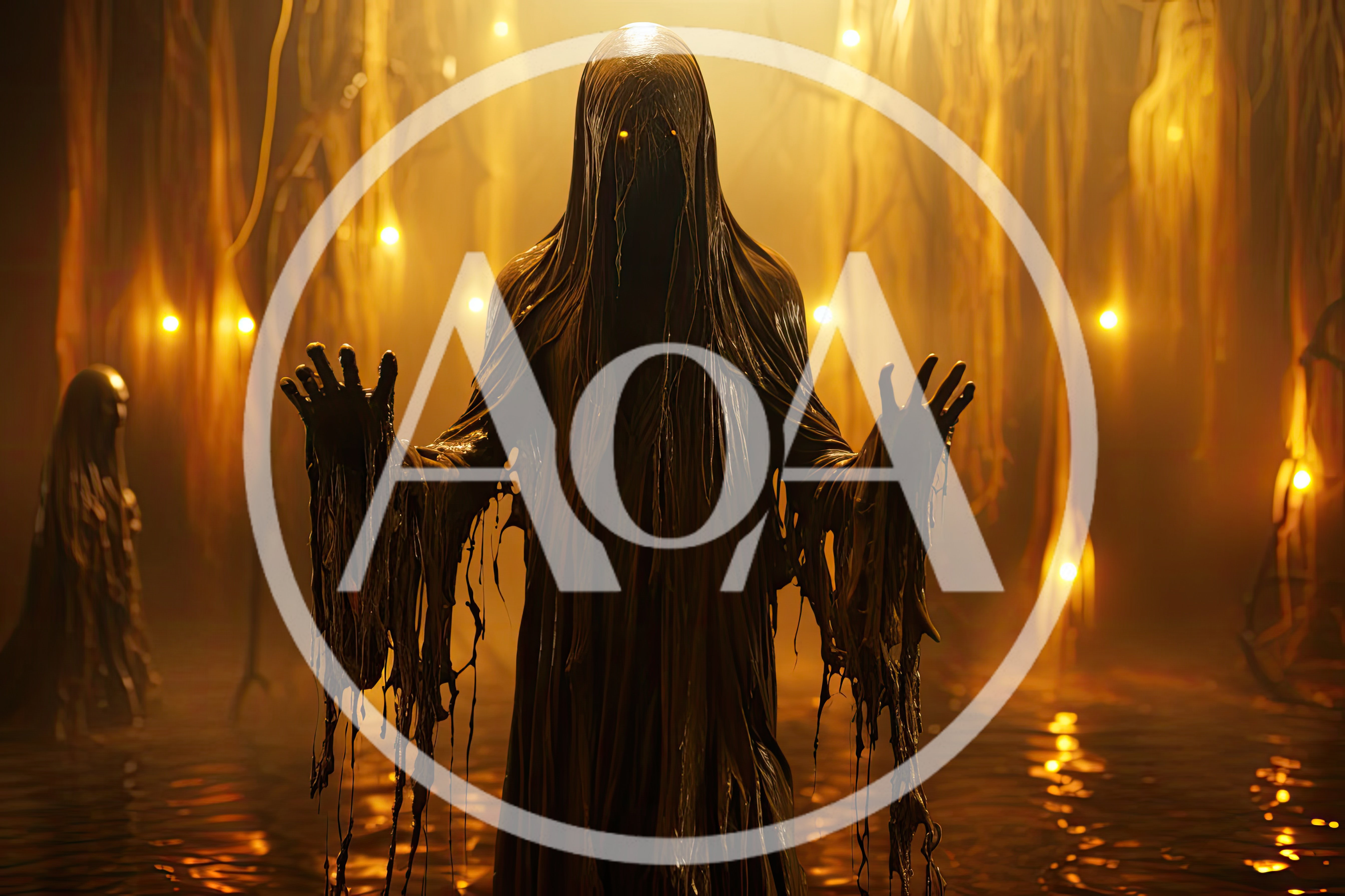 Ethereal Dark Spirits Standing In Golden Mystical Waters