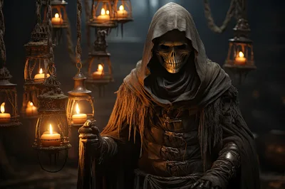 Grim Reaper Figure Holding Lantern in Dark Chamber