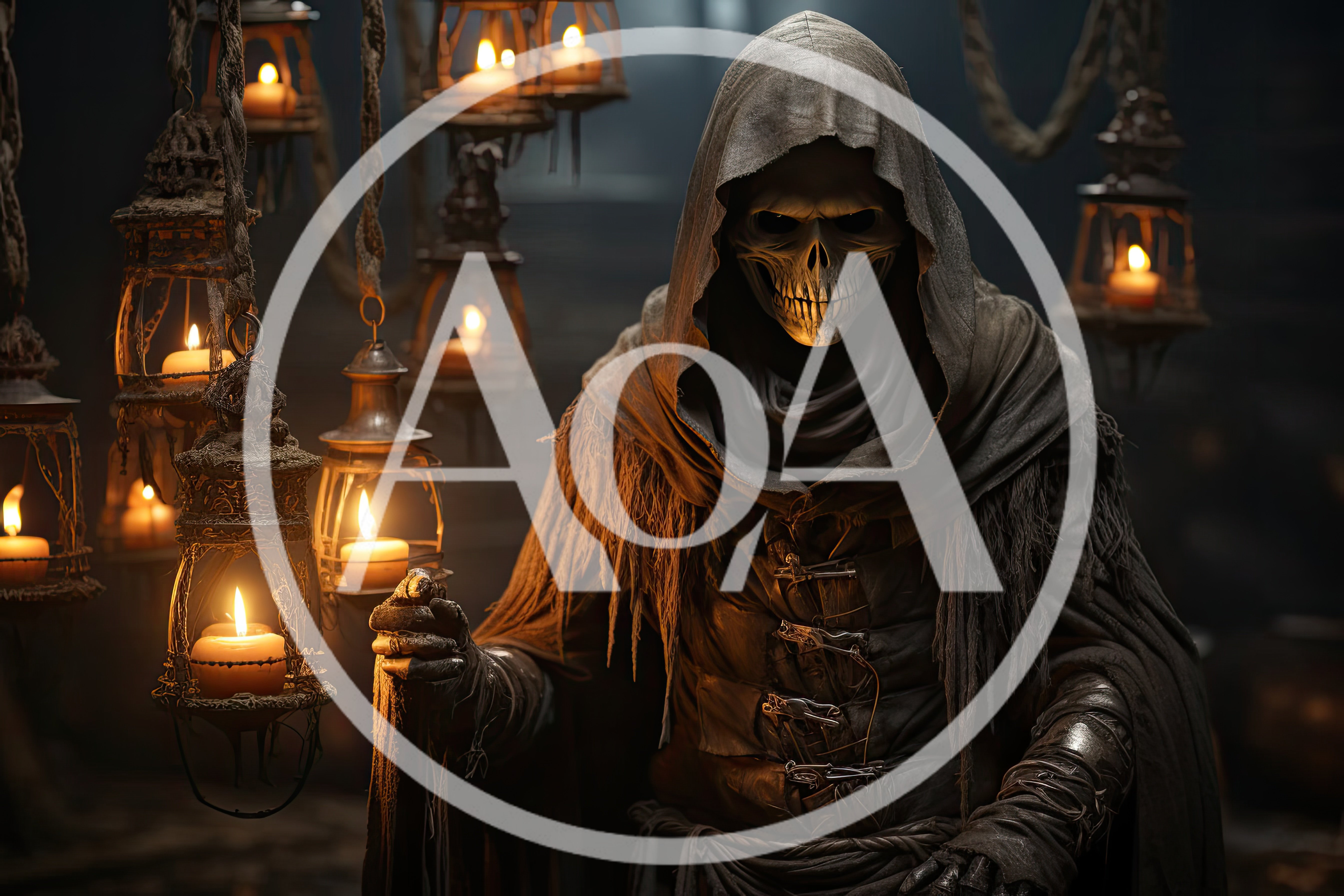 Grim Reaper Figure Holding Lantern in Dark Chamber