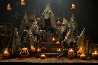 Group Of Ghostly Figures With Jack O Lanterns