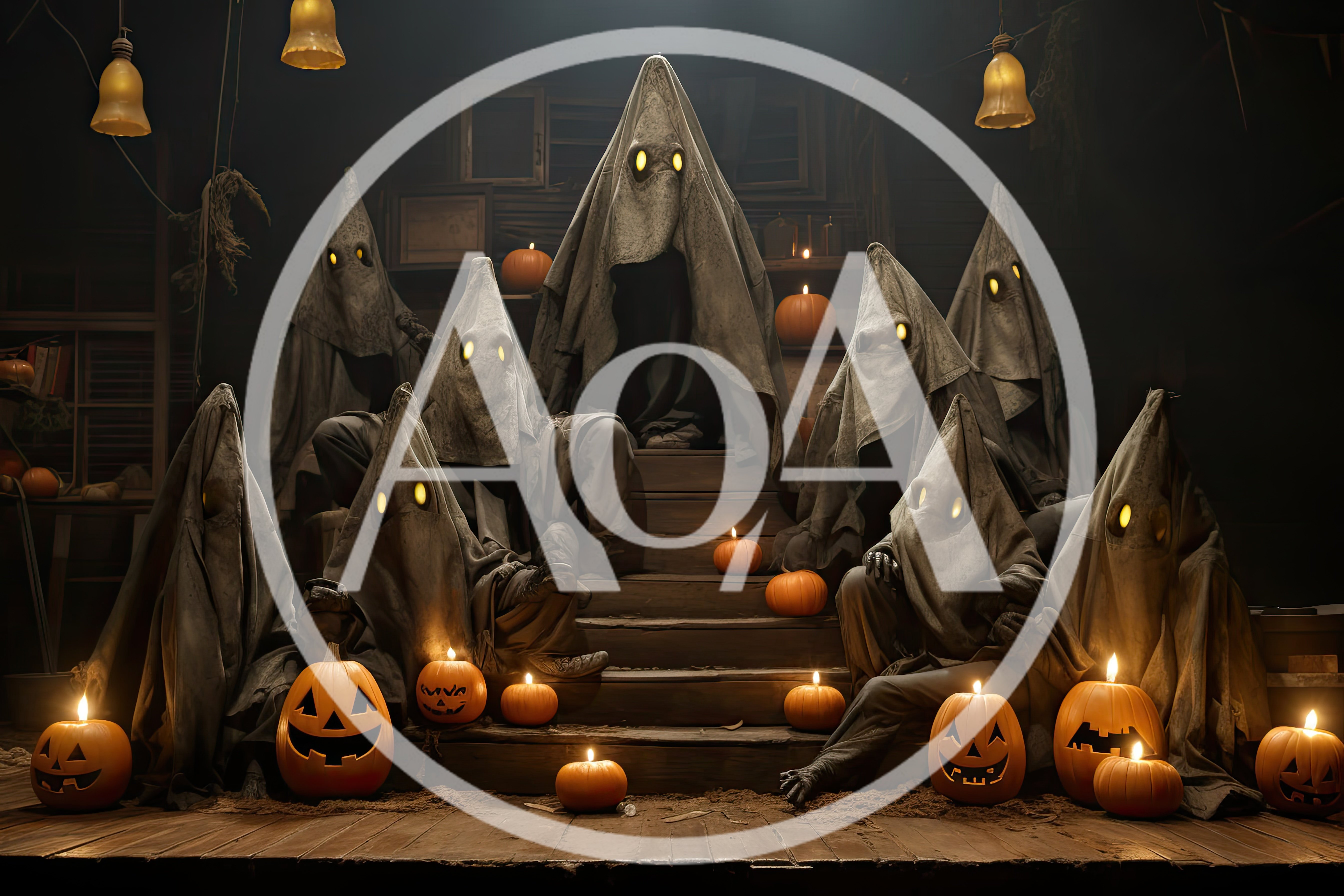 Group Of Ghostly Figures With Jack O Lanterns