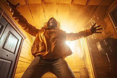 Man In Yellow Raincoat Screaming In Storm