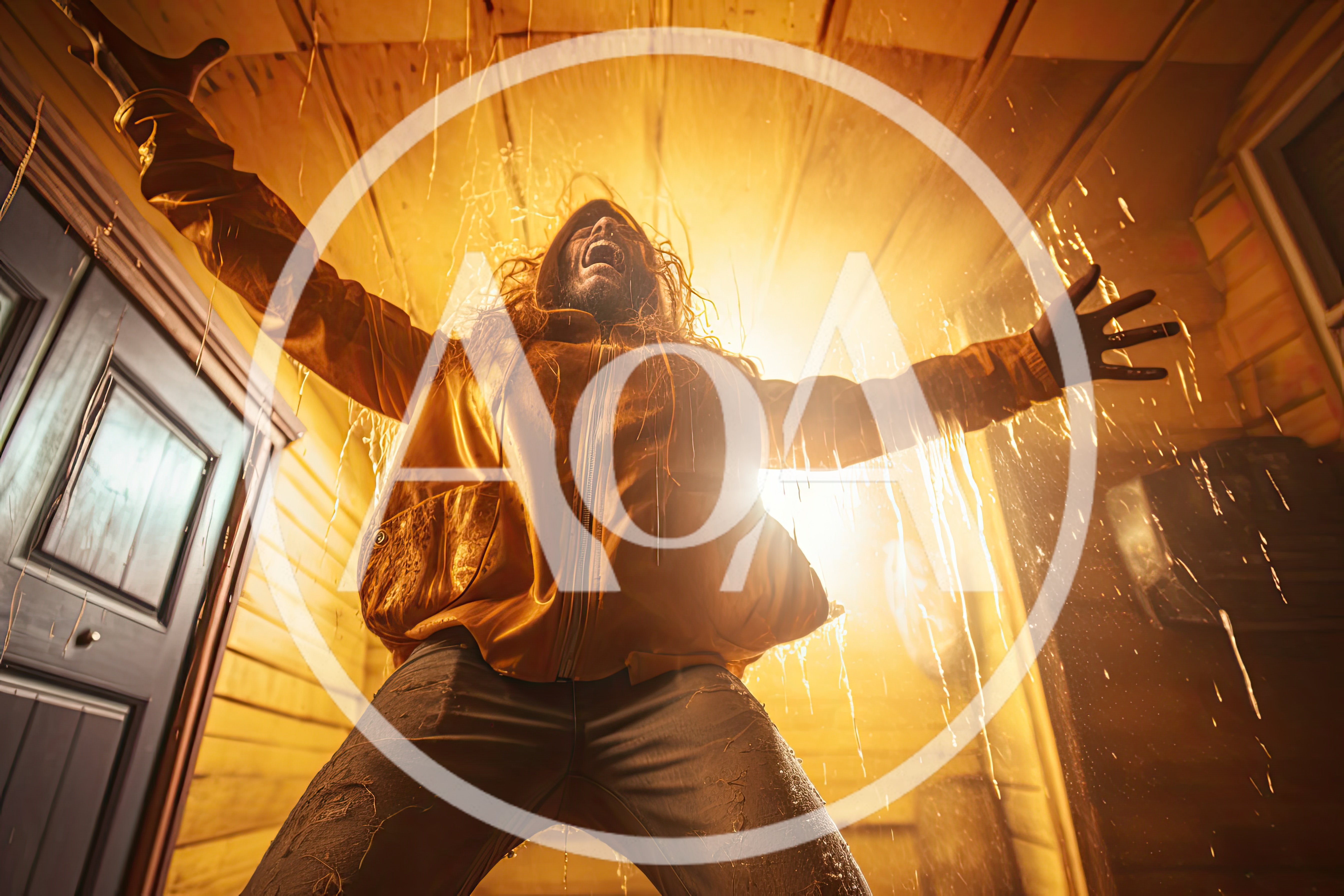 Man In Yellow Raincoat Screaming In Storm