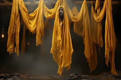 Man Wrapped In Yellow Fabric Hanging In Dark Room