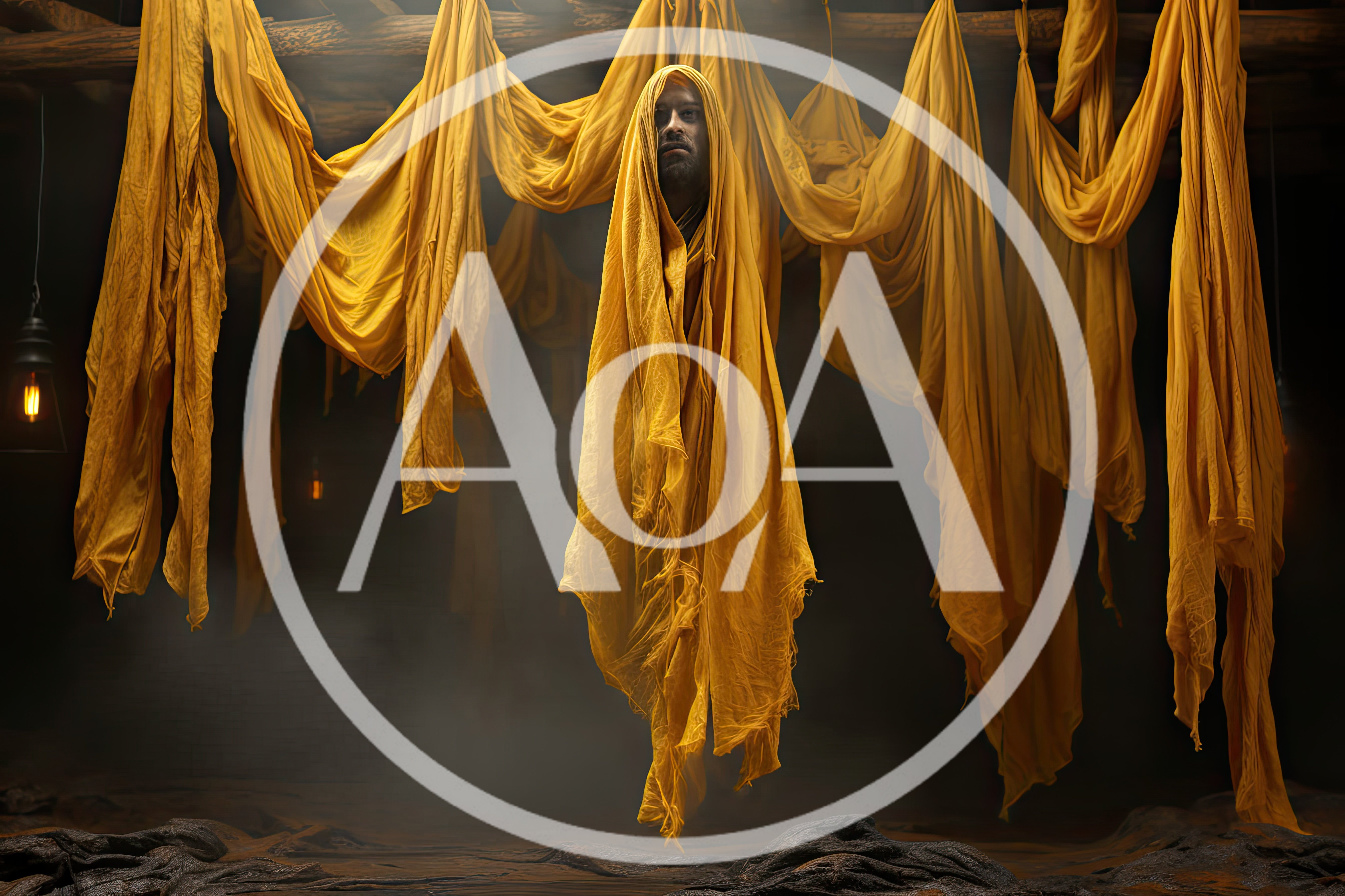 Man Wrapped In Yellow Fabric Hanging In Dark Room