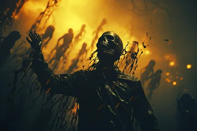 Dark Skeleton Figure Emerging From Liquid Shadow