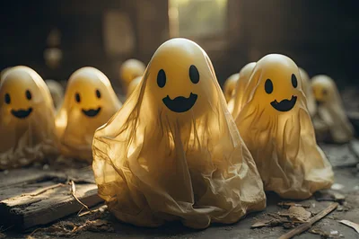 Group Of Cute Ghost Decorations In Dim Room