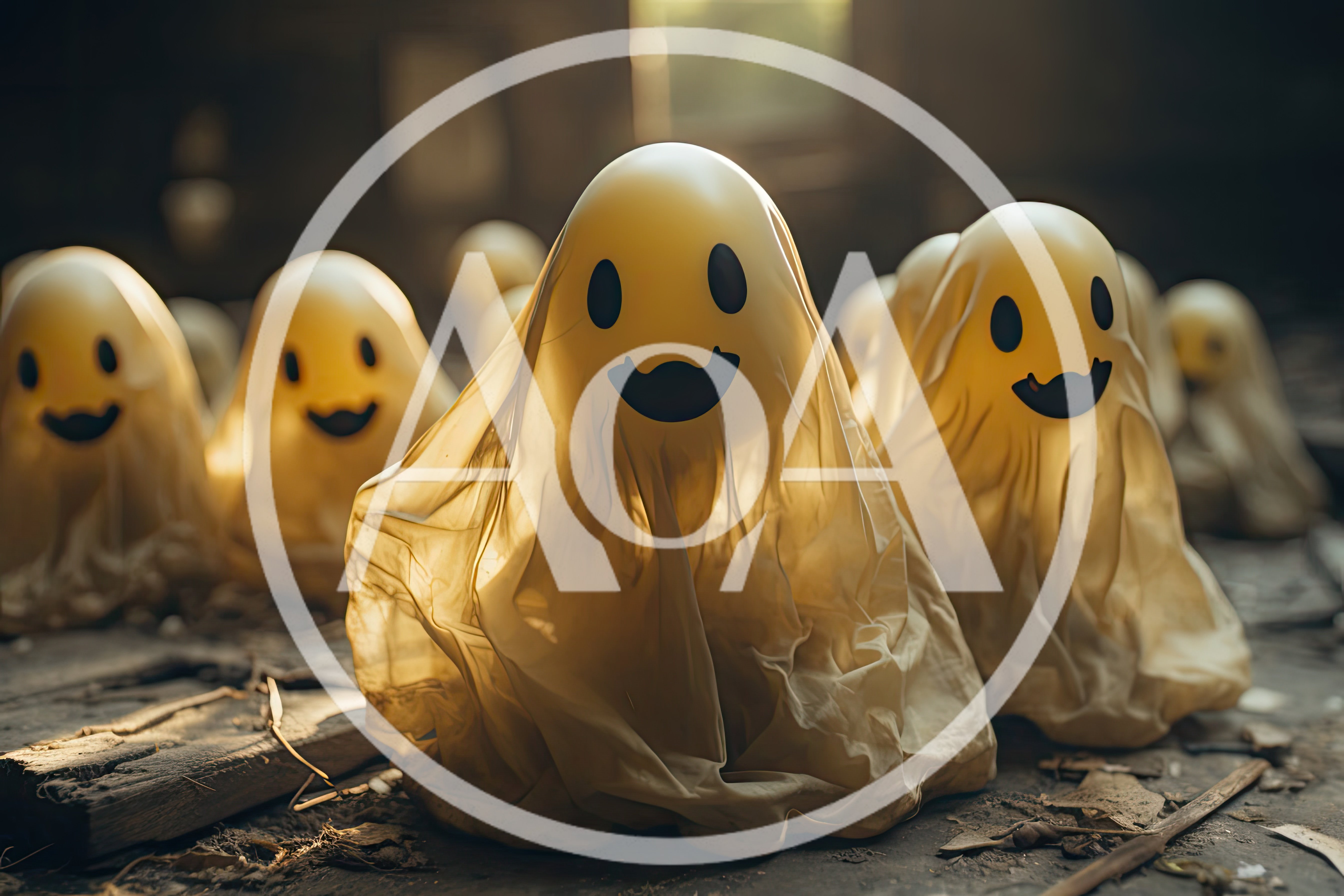 Group Of Cute Ghost Decorations In Dim Room