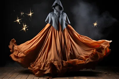 Mysterious Hooded Figure In Flowing Orange Dress