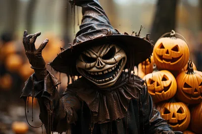 Creepy Scarecrow Witch With Jack O Lanterns