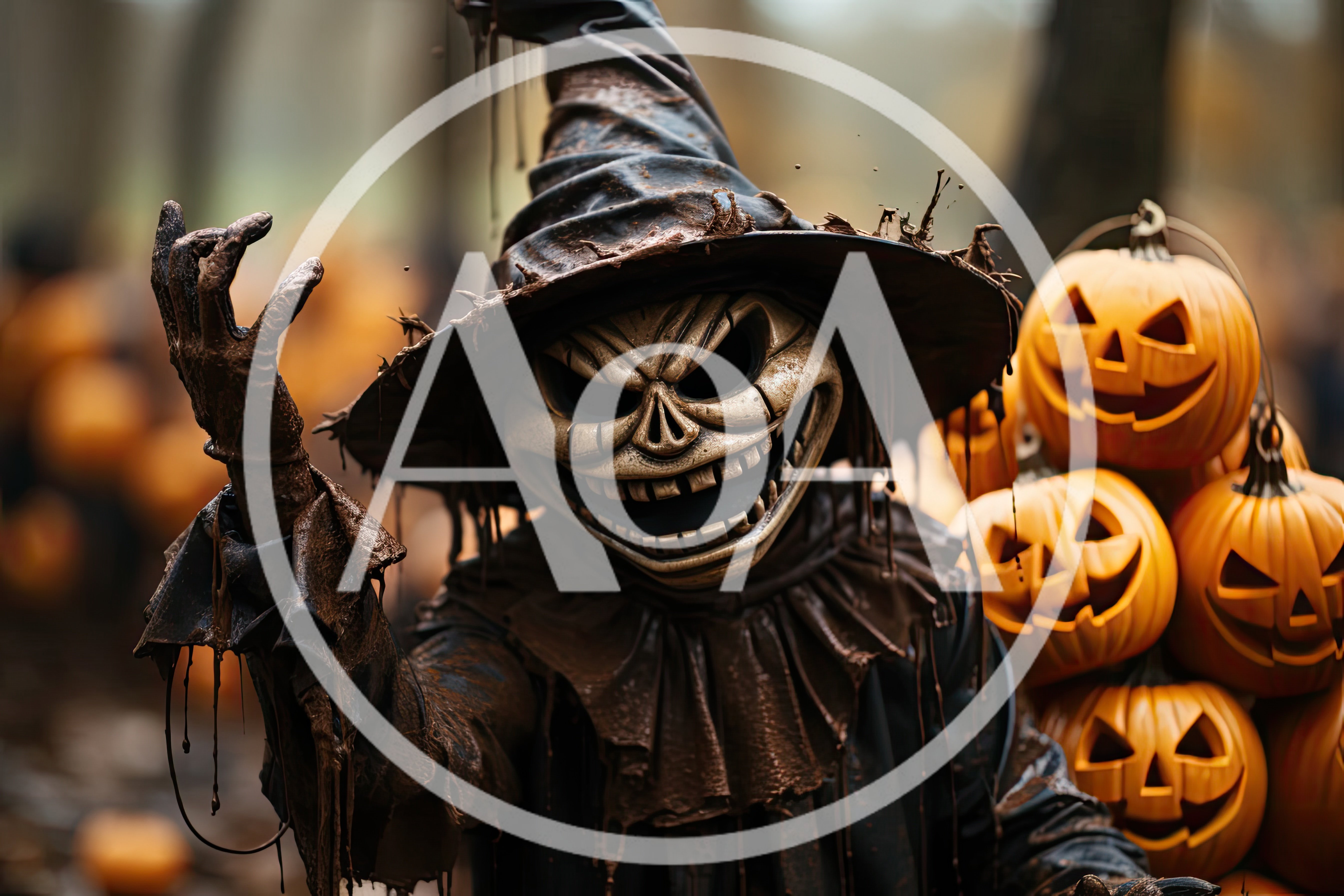 Creepy Scarecrow Witch With Jack O Lanterns