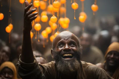 Joyful Man Reaching Toward Glowing Floating Orbs