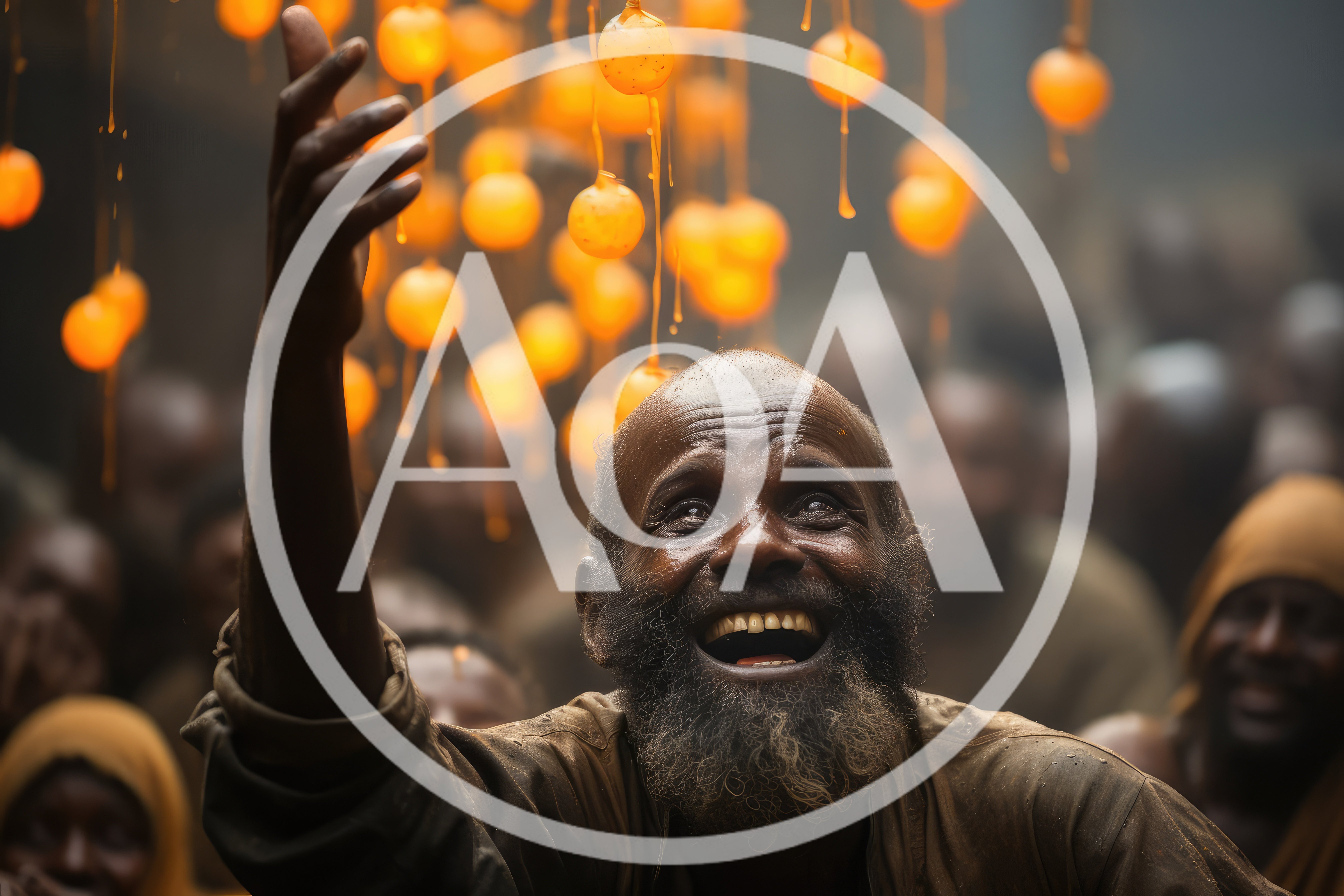 Joyful Man Reaching Toward Glowing Floating Orbs