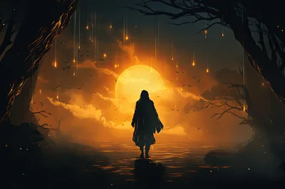 Silhouette Of A Cloaked Figure Walking Toward A Glowing Moon