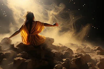 Mystical Figure Sitting Amidst Golden Smoke and Rocks