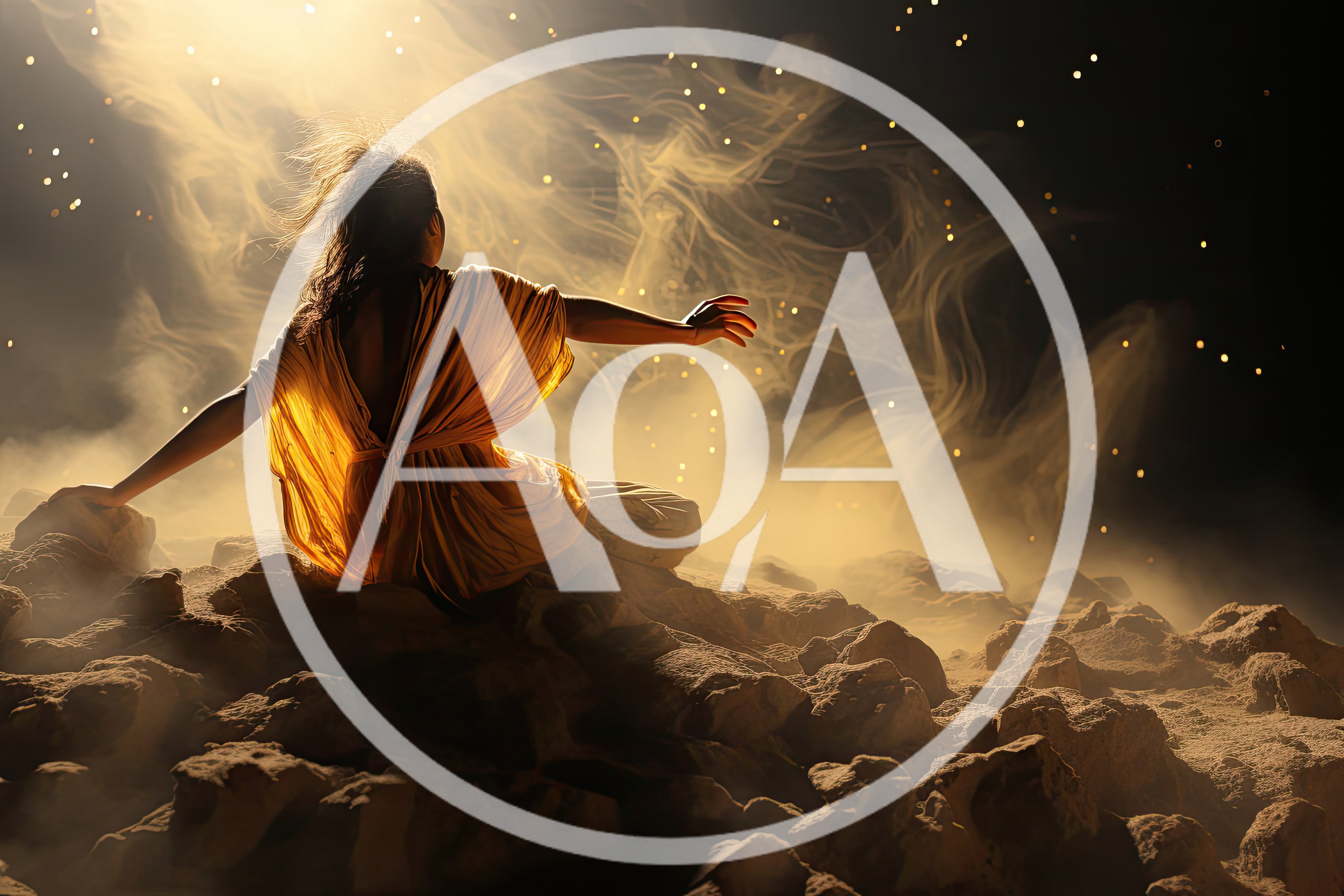 Mystical Figure Sitting Amidst Golden Smoke and Rocks