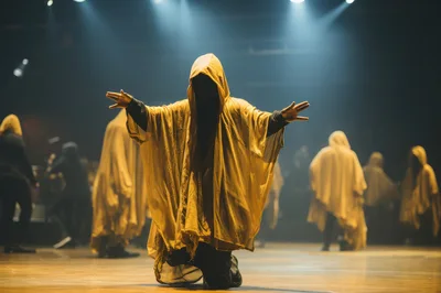 Group Of Performers In Yellow Hooded Robes On Stage