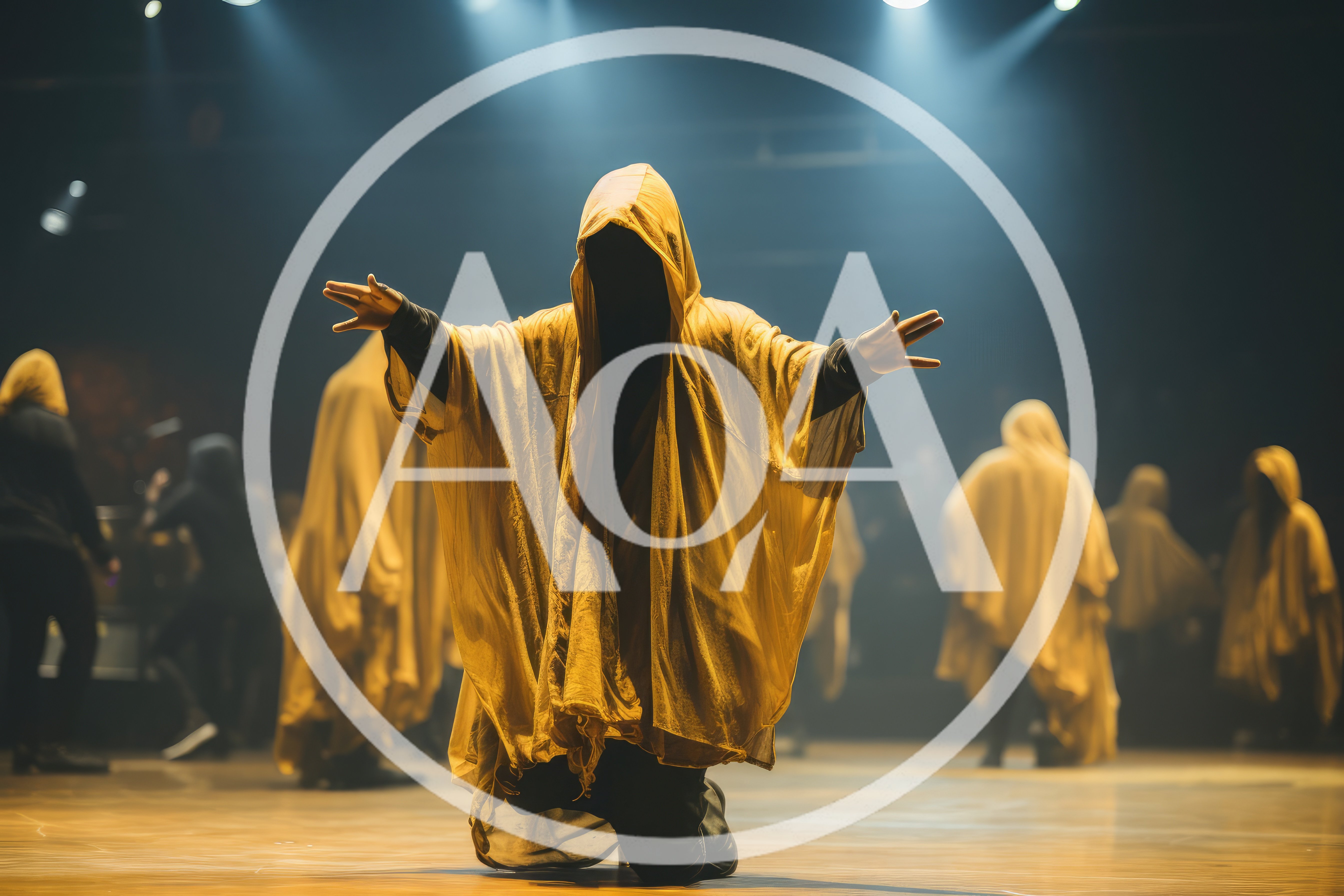 Group Of Performers In Yellow Hooded Robes On Stage